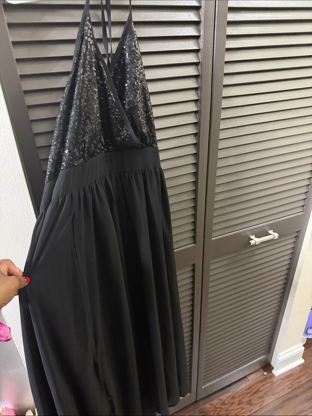 Black Sequin Bodice Spaghetti-Strap Dress